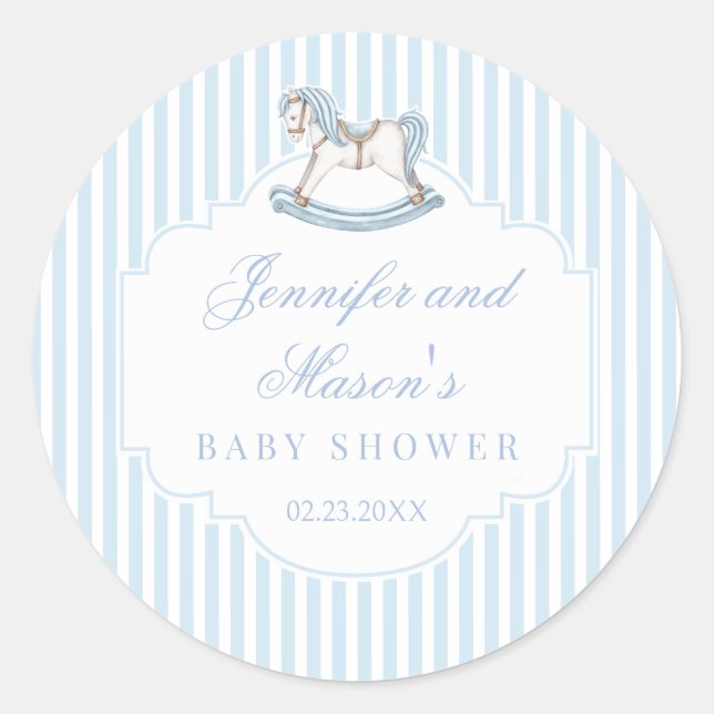 Cute blue rocking horse boho baby boy shower classic round sticker (Front)