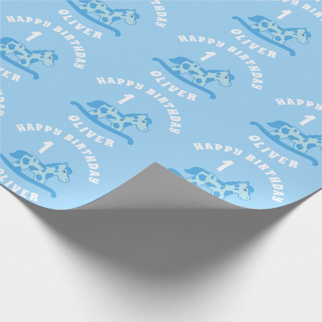 Cute Blue Rocking Horse Boy 1st Birthday  Wrapping Paper (Corner)