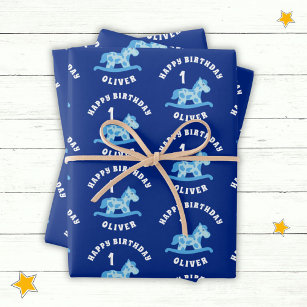 Cute Blue Rocking Horse Boy 1st Birthday  Wrapping Paper Sheet