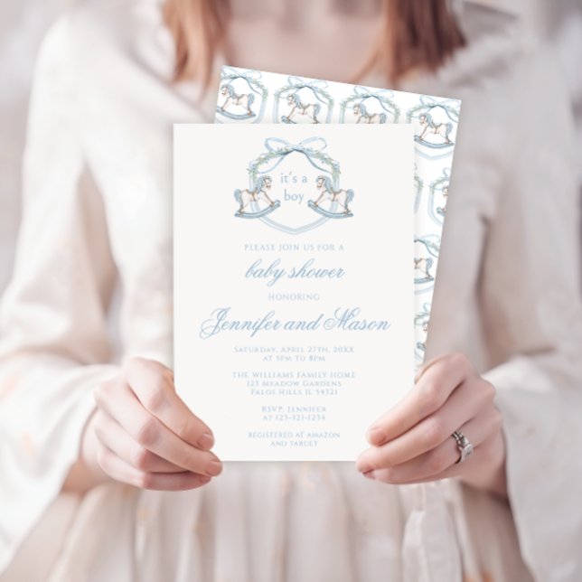 Cute blue rocking horse classic baby boy shower invitation (Creator Uploaded)