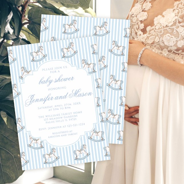 Cute blue rocking horse stiped baby boy shower invitation (Creator Uploaded)