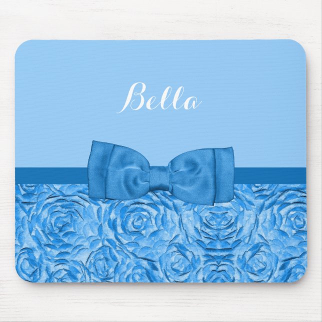 Cute Blue Rose Floral With Pretty Bow and Name Mouse Pad (Front)