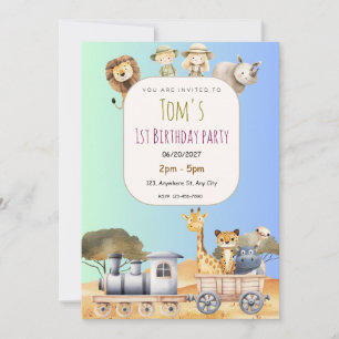 Cute Blue Safari 1st Birthday Invitation
