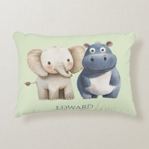 Cute Blue Safari Hippo & Elephant Accent Pillow
