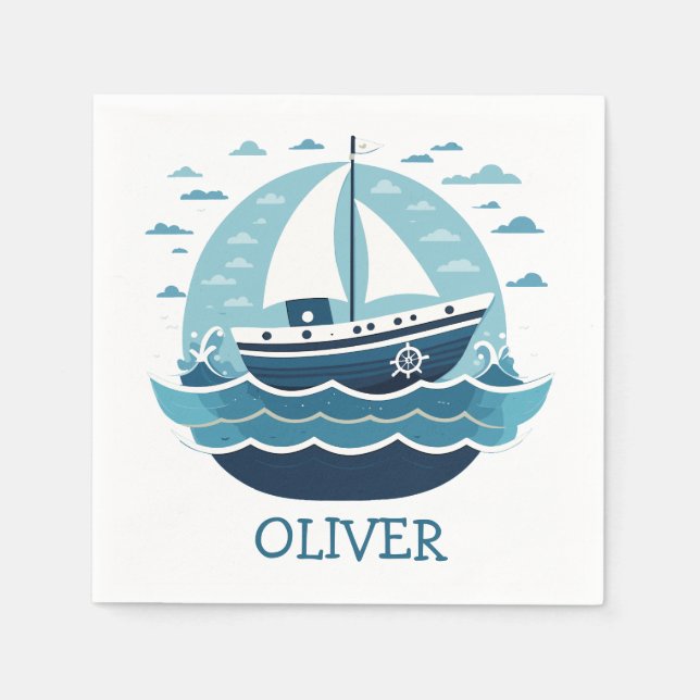 Cute Blue Sailboat Personalized Napkin (Front)