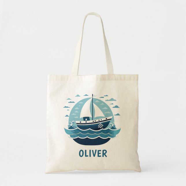 Cute Blue Sailboat Tote Bag (Front)