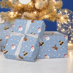 Cute Blue Santa Christmas Pudding Gift Wrapping Paper