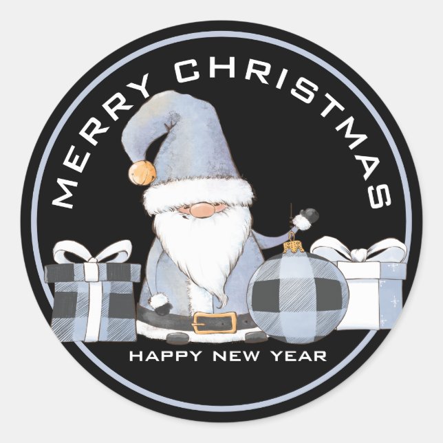 Cute Blue Santa Gnome with Christmas Gifts Classic Round Sticker (Front)