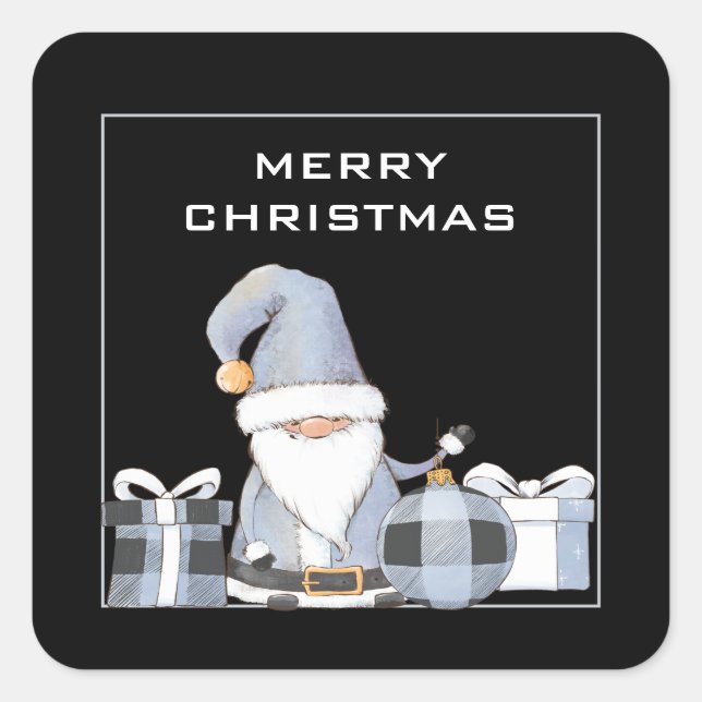 Cute Blue Santa Gnome with Gifts Square Sticker (Front)