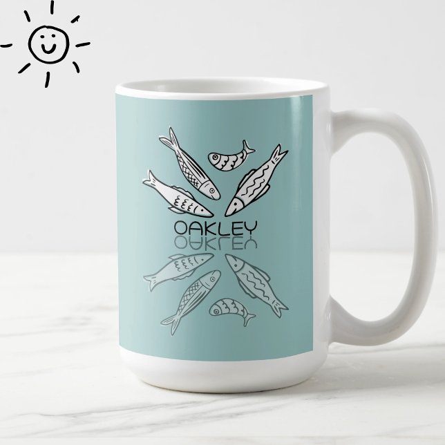 Cute Blue Sardines Reflection Doodle Custom Name Coffee Mug (Creator Uploaded)