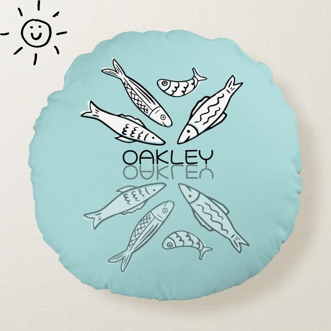 Cute Blue Sardines Reflection Doodle Custom Name Round Pillow (Creator Uploaded)