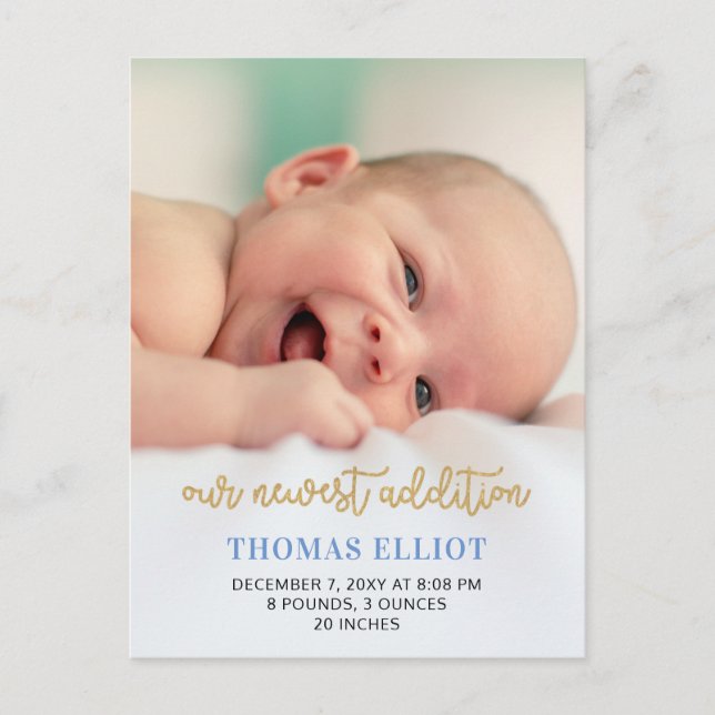 Cute Blue Script Photo Baby Announcement (Front)