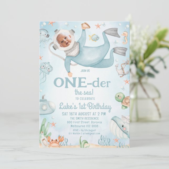 Cute Blue Scuba Diver Oneder the Sea 1st Birthday  Invitation (Standing Front)
