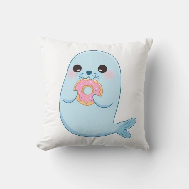 Cute Blue Seal with Doughnut Pillow – Kawaii Ocean (Front)