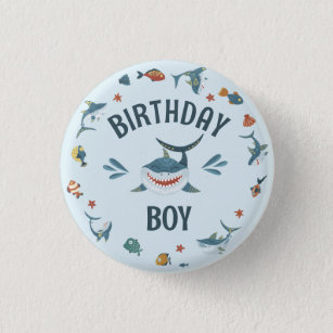 Cute Blue Shark Themed Birthday Boy Button