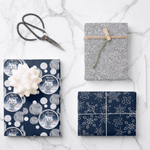 Cute Blue & Silver Christmas Snow Arctic Fox Wrapping Paper Sheet