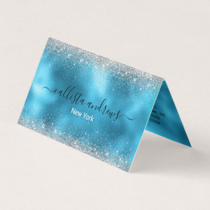 Cute blue silver faux glitter business card