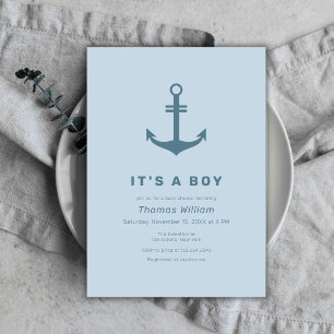 Cute Blue Simple Nautical Anchor Baby Shower Invitation