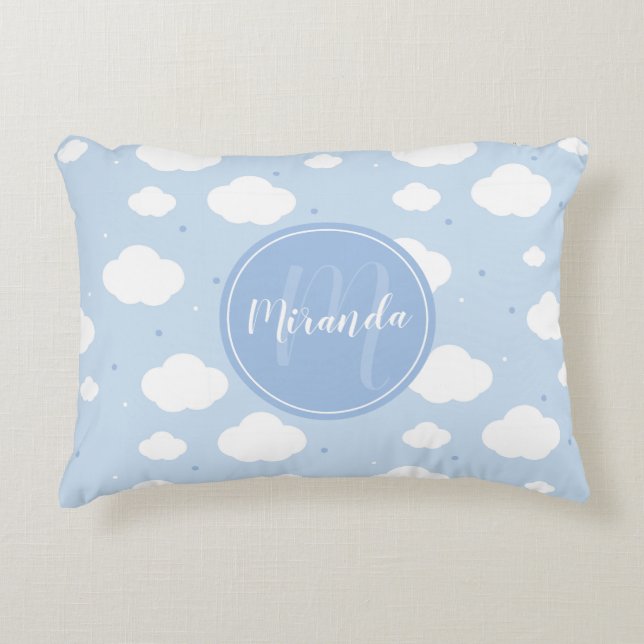 Cute Blue Sky with Custom Monogram and Name Accent Pillow (Front)