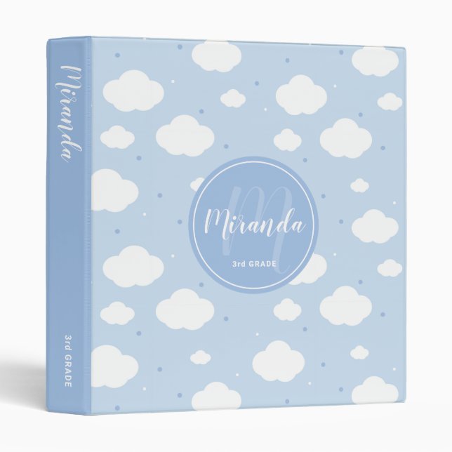 Cute Blue Sky with Custom Monogram and Name Binder (Front/Spine)