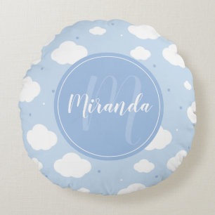 Cute Blue Sky with Custom Monogram and Name Round Pillow