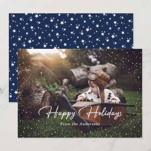 Cute Blue Snow Stars Photo Holiday Card