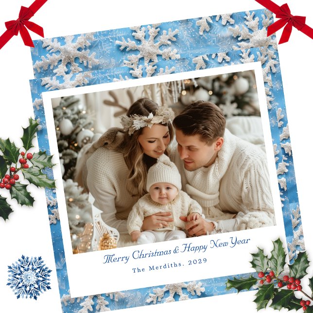 Cute Blue Snowflake Christmas Photo Holiday Card (Blue Snowflake Square Christmas Card )