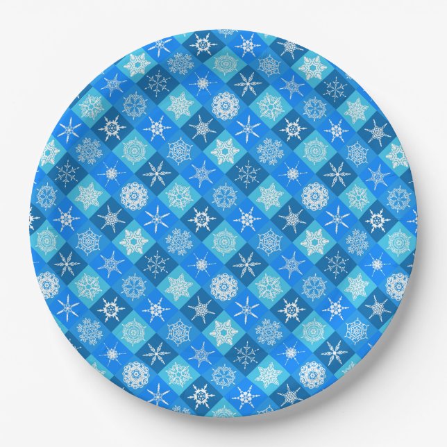 Cute blue snowflake patterns design paper plate (Front)