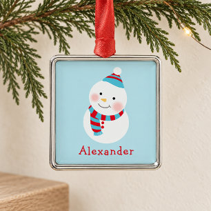 Cute Blue Snowman Kids Name Christmas Keepsake Metal Ornament