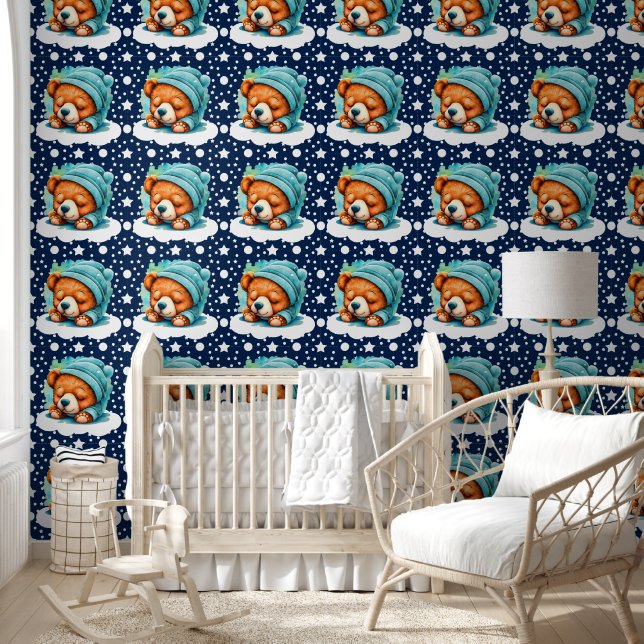 Cute Blue Snuggle Bear Pattern Wallpaper (Kids)