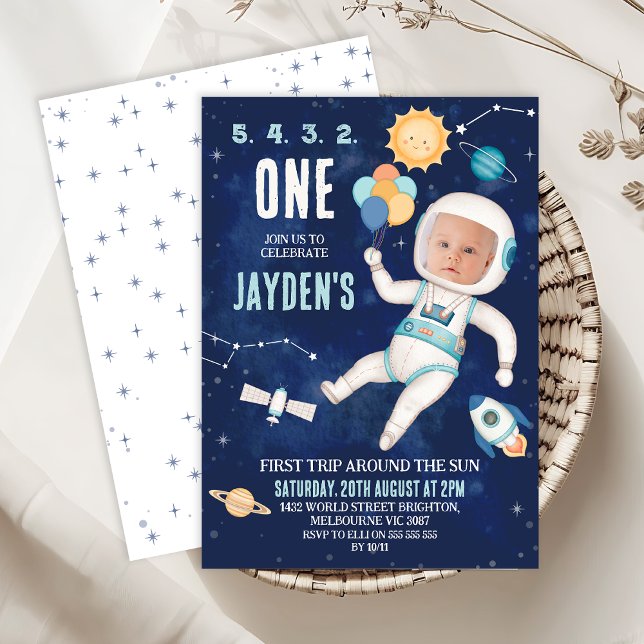 Cute Blue Space First Trip Around Sun 1st Birthday Invitation (First Trip Around The Sun 1st Birthday Invitation, Outer Space First Birthday Invitation Template, )