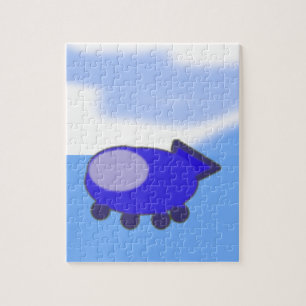 Cute Blue Spaceship on French Blue Clouds Jigsaw Puzzle