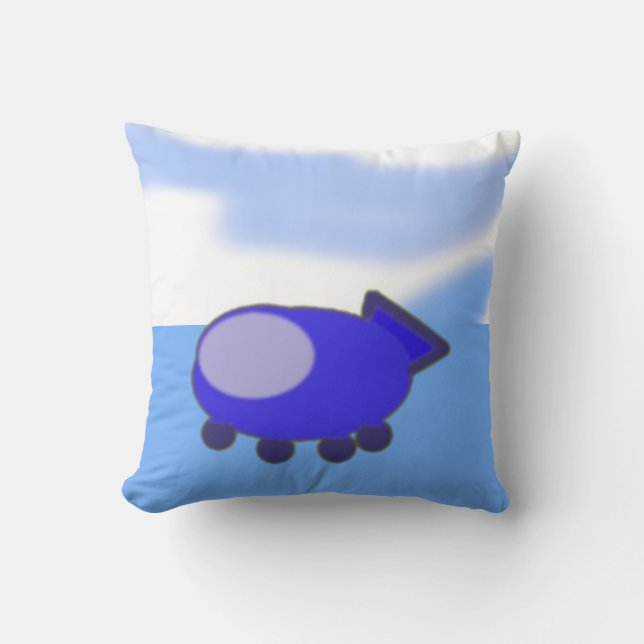 Cute Blue Spaceship on French Blue Clouds Throw Pillow (Front)