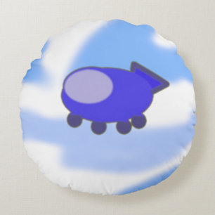 Cute Blue Spaceship on French Blue Round Pillow