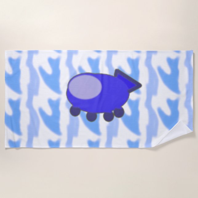 Cute Blue Spaceship on Waveworld Clouds Beach Towel (Front)