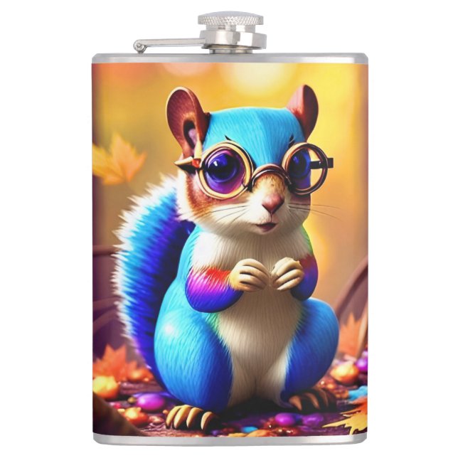 Cute Blue Squirrel with Glasses  Hip Flask (Front)