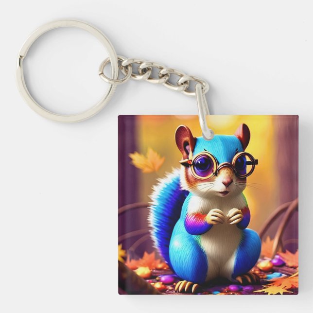 Cute Blue Squirrel with Glasses  Keychain (Front)