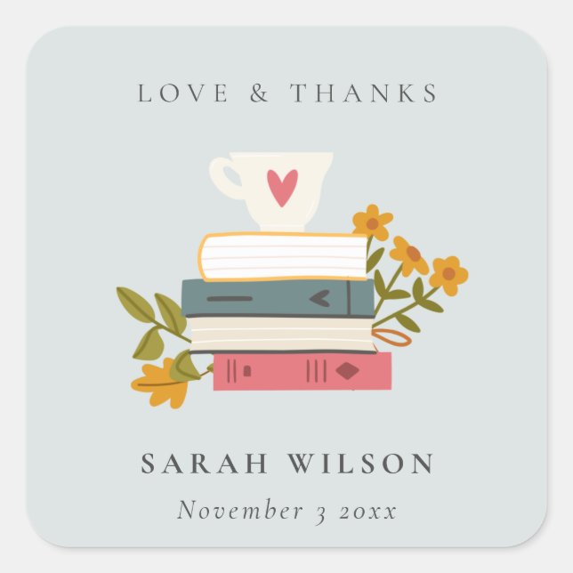 Cute Blue Stacked Storybooks Floral Wedding Square Sticker (Front)