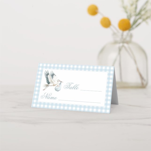 Cute Blue Stork Baby Shower Table Numbers Tent Place Card (Front)