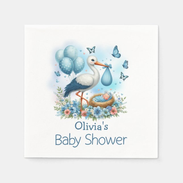 Cute Blue Stork Boy Baby Shower Napkins (Front)