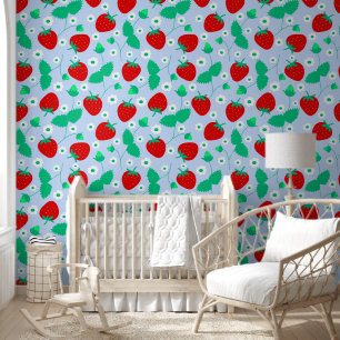 Cute Blue Strawberry & Daisy Pattern Kids Nursery  Wallpaper