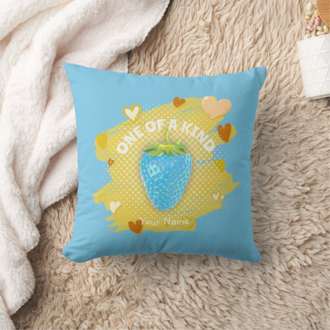 Cute Blue Strawberry Hearts One Of A Kind Yellow Throw Pillow (Blanket)