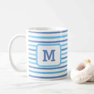 Cute Blue Stripes Custom Single Initial White Coffee Mug