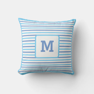 Cute Blue Stripes Custom Single Initial White Thro Throw Pillow