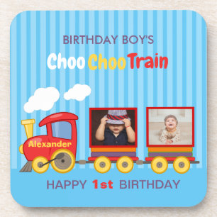 Cute Blue Stripes Pattern Toy Train Boys Birthday Coaster