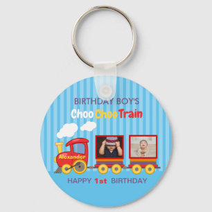 Cute Blue Stripes Pattern Toy Train Boys Birthday Keychain