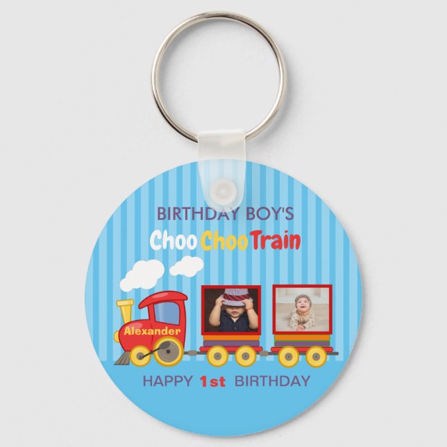 Cute Blue Stripes Pattern Toy Train Boys Birthday  Keychain (Front)