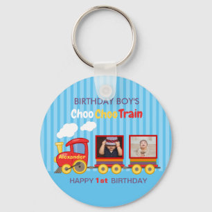 Cute Blue Stripes Pattern Toy Train Boys Birthday  Keychain