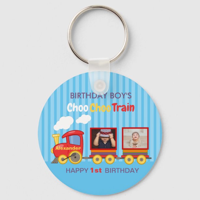 Cute Blue Stripes Pattern Toy Train Boys Birthday  Keychain (Front)