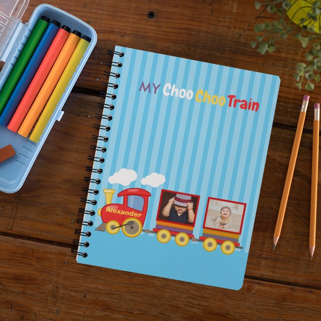 Cute Blue Stripes Pattern Toy Train Boys Birthday  Notebook (Creator Uploaded)